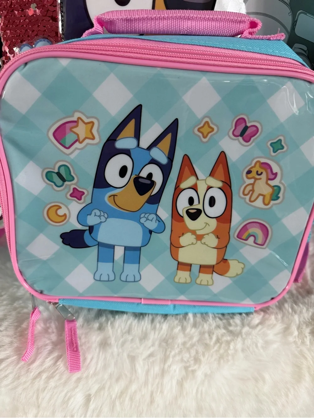 Bluey Sequin Backpack and Lunchbox Set - Pink & Aqua 16in H 12in W
